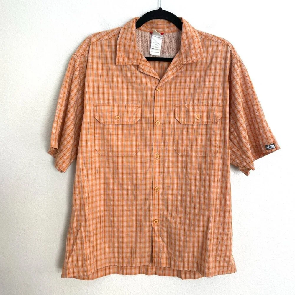 The North Face Mens Medium Orange Plaid Short‎ Sleeve Button Up Shirt